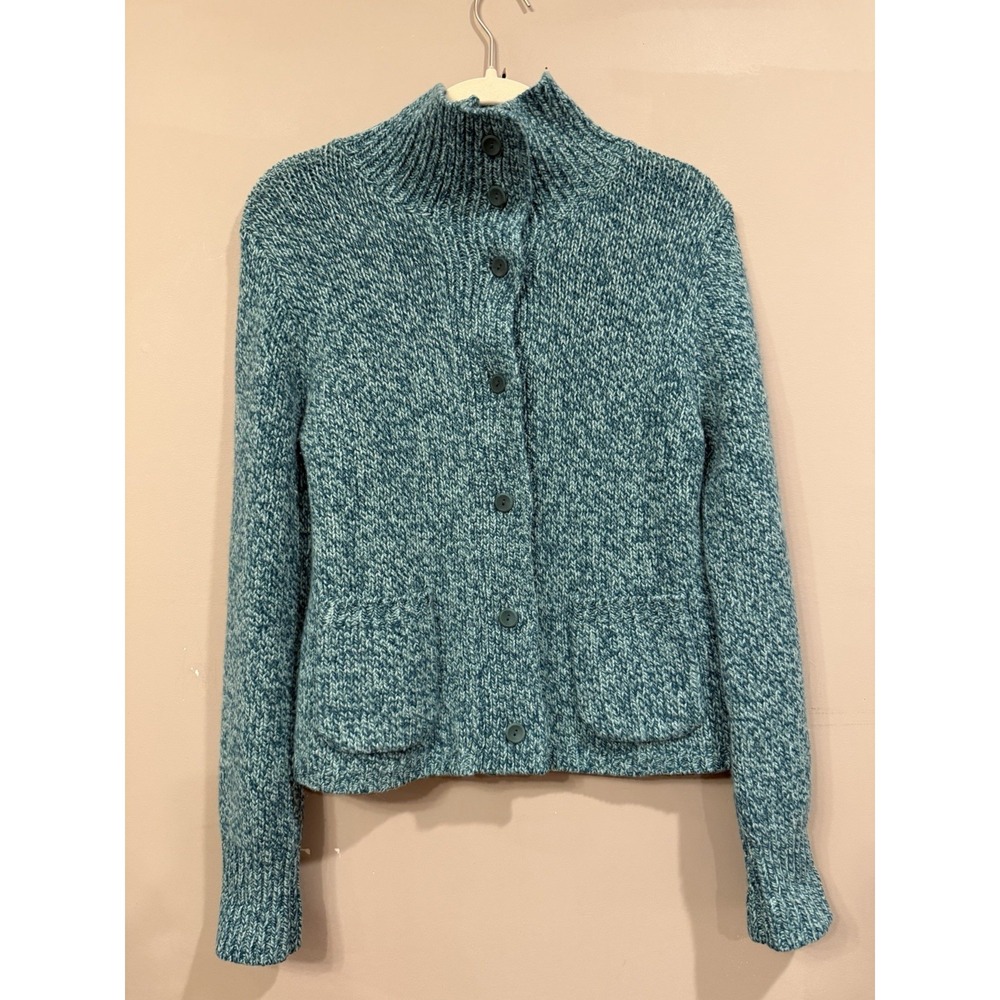 Eileen Fisher Wool Cashmere Angora Cardigan Sweater Teal Green Mock Neck Pet S